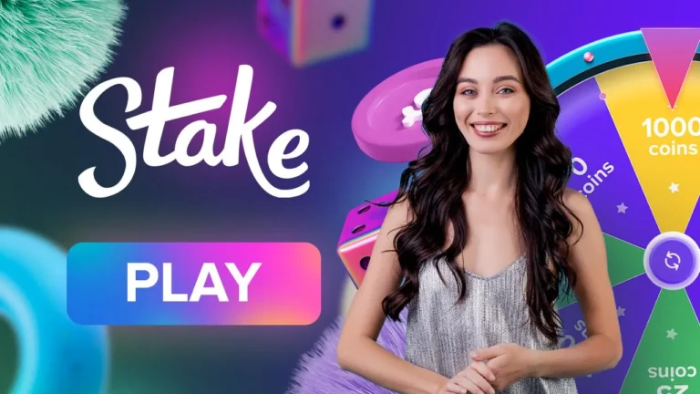 Stake赌场10美元变1000美元挑战海报，手机筹码轮盘金币背景。